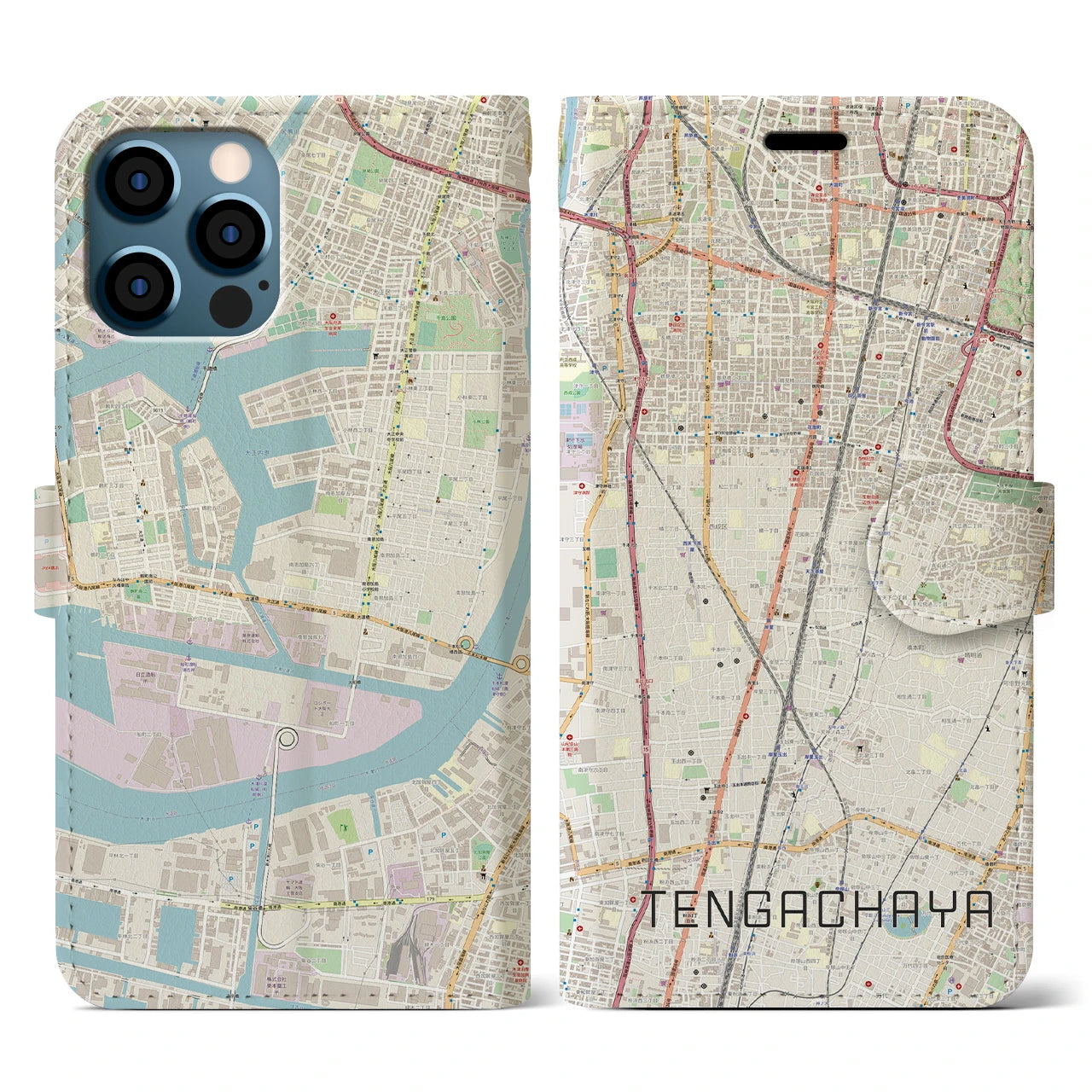【天下茶屋(大阪府)】地図柄iPhoneケース(手帳タイプ)ナチュラル・iPhone 12 / 12 Pro 用