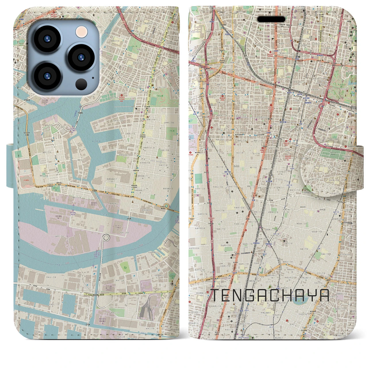 【天下茶屋(大阪府)】地図柄iPhoneケース(手帳タイプ)ナチュラル・iPhone 13 Pro Max 用