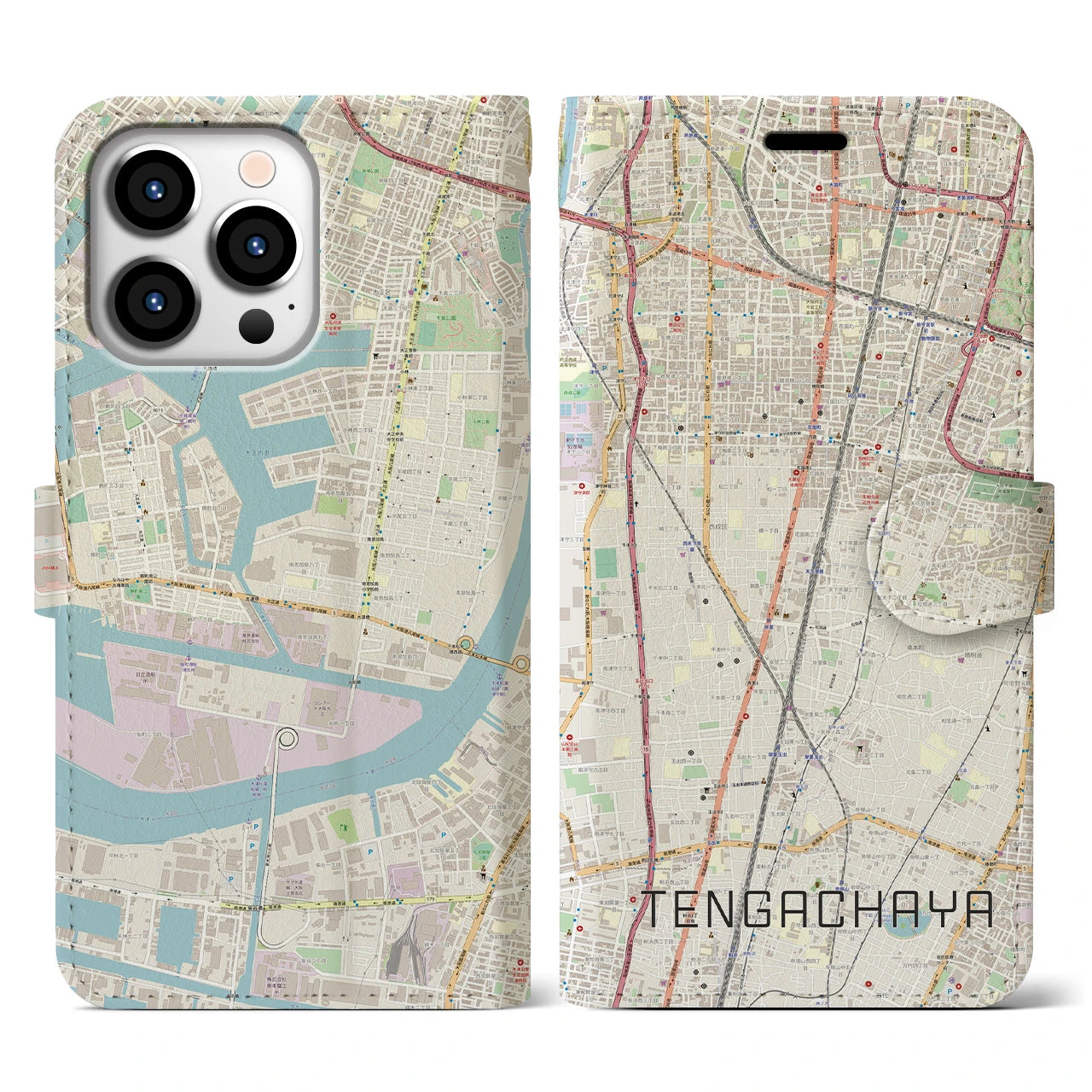 【天下茶屋(大阪府)】地図柄iPhoneケース(手帳タイプ)ナチュラル・iPhone 13 Pro 用
