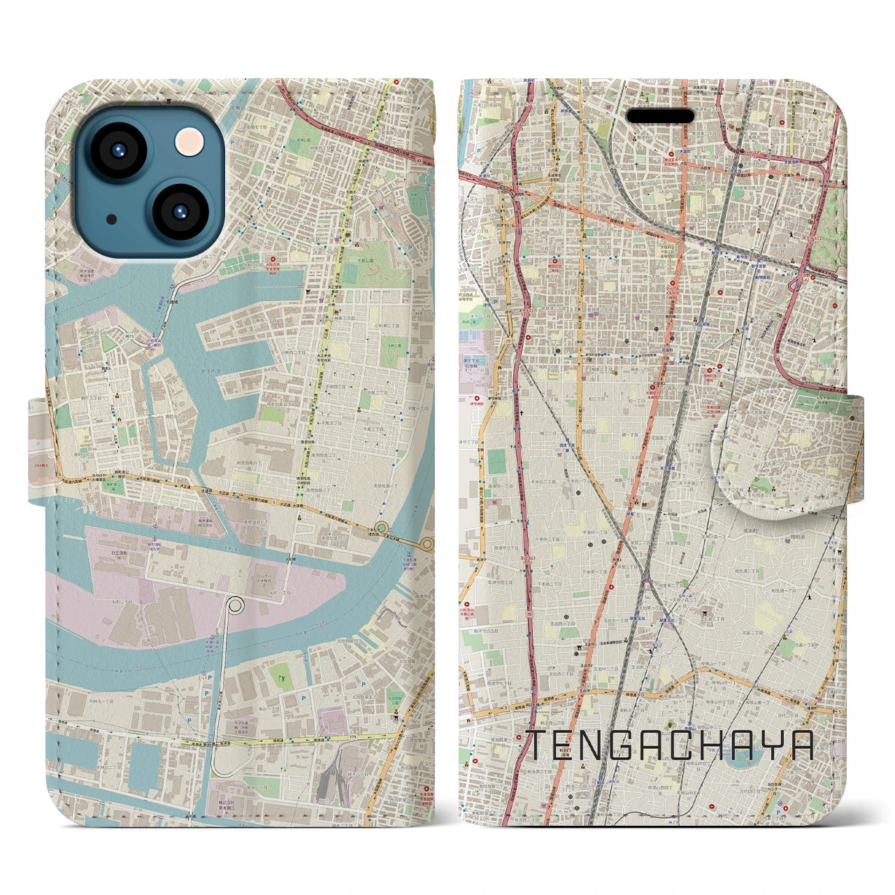 【天下茶屋(大阪府)】地図柄iPhoneケース(手帳タイプ)ナチュラル・iPhone 13 用