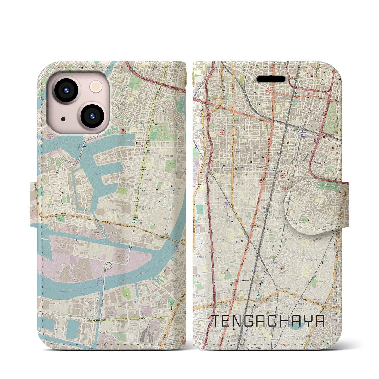 【天下茶屋(大阪府)】地図柄iPhoneケース(手帳タイプ)ナチュラル・iPhone 13 mini 用