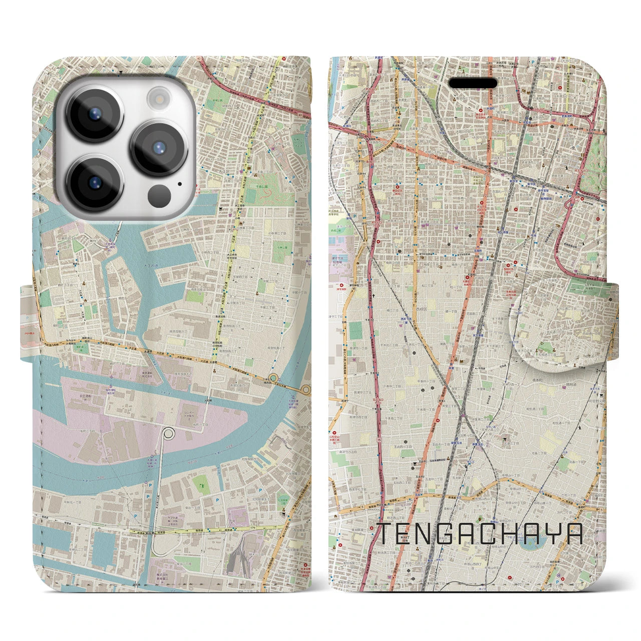 【天下茶屋(大阪府)】地図柄iPhoneケース(手帳タイプ)ナチュラル・iPhone 14 Pro 用