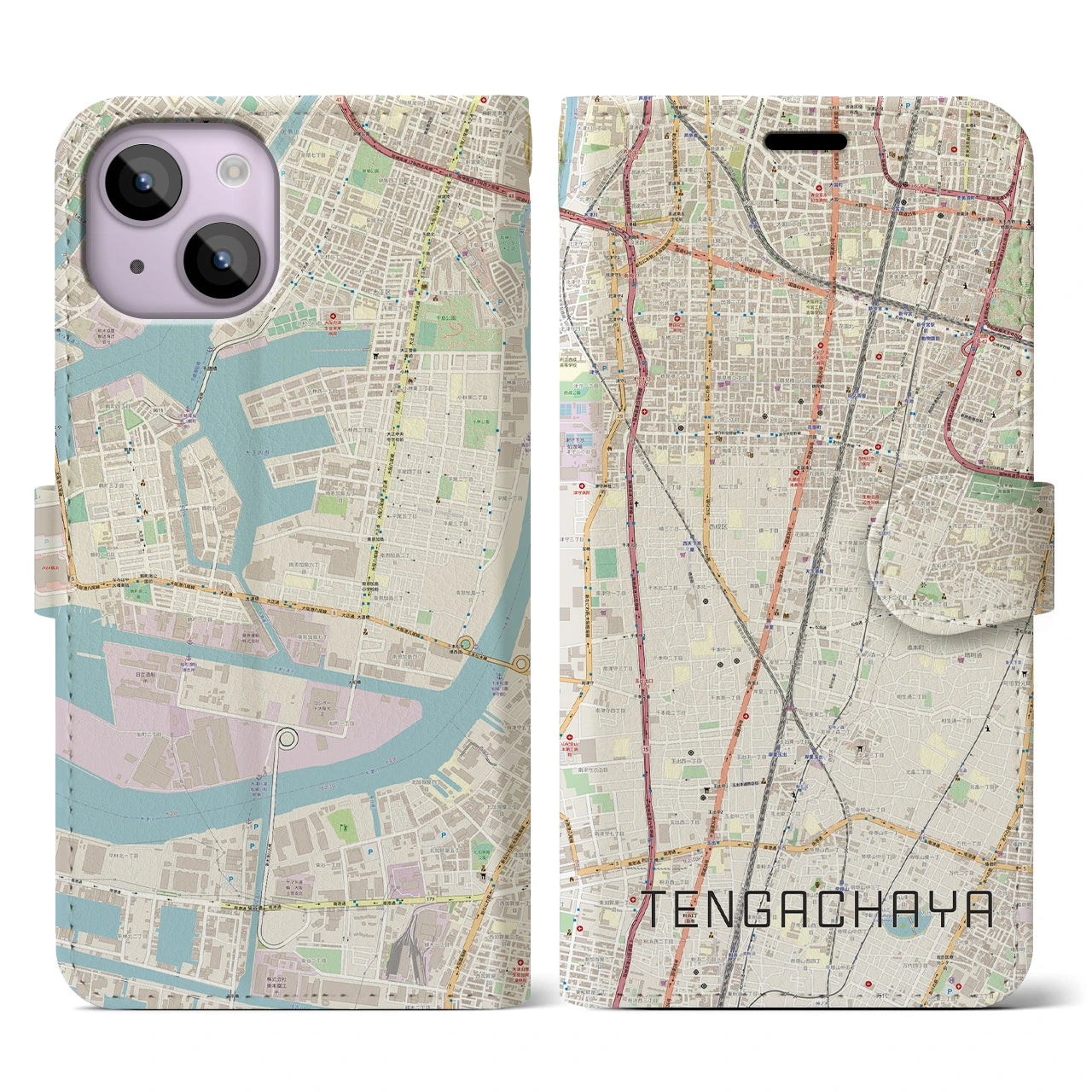 【天下茶屋(大阪府)】地図柄iPhoneケース(手帳タイプ)ナチュラル・iPhone 14 用