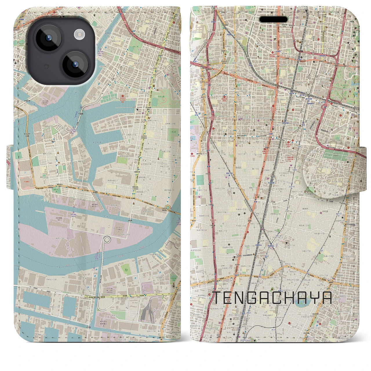 【天下茶屋(大阪府)】地図柄iPhoneケース(手帳タイプ)ナチュラル・iPhone 14 Plus 用
