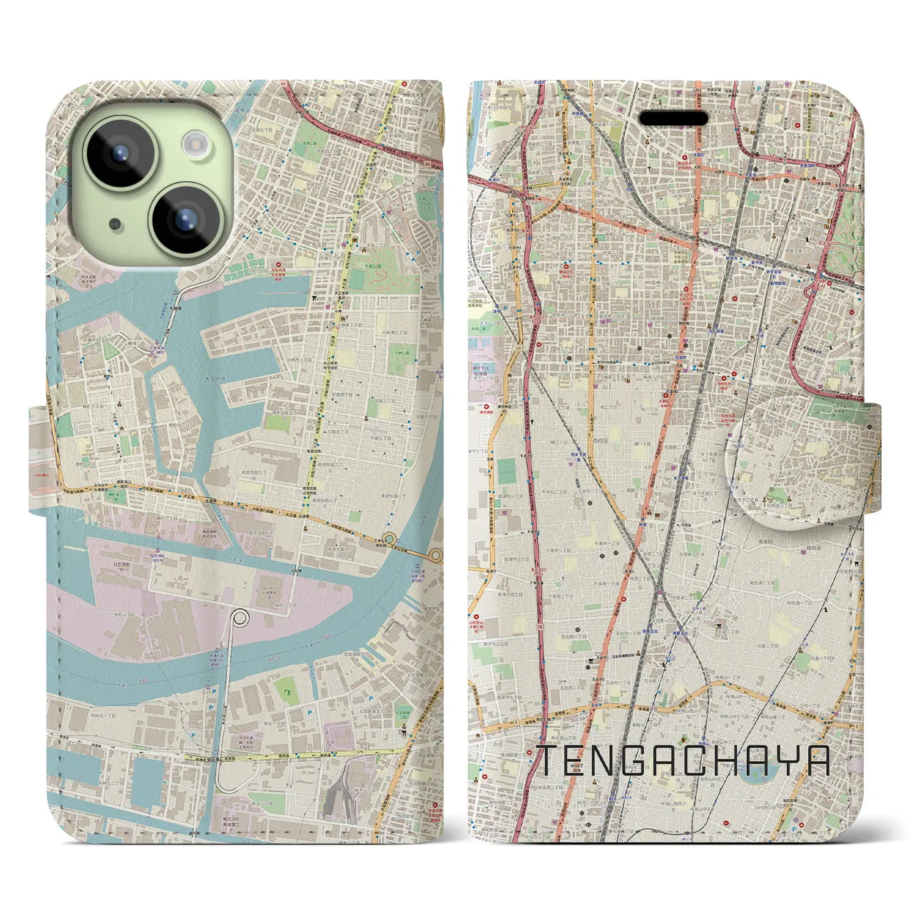 【天下茶屋(大阪府)】地図柄iPhoneケース(手帳タイプ)ナチュラル・iPhone 15 用