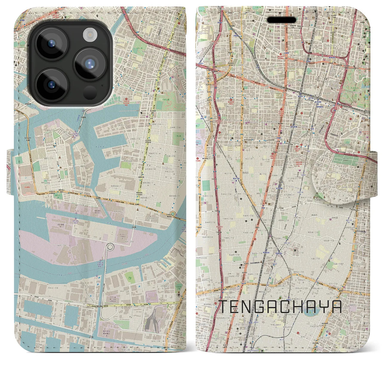 【天下茶屋(大阪府)】地図柄iPhoneケース(手帳タイプ)ナチュラル・iPhone 15 Pro Max 用