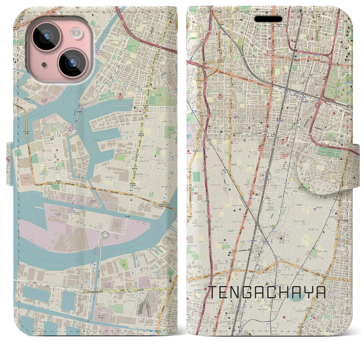 【天下茶屋(大阪府)】地図柄iPhoneケース(手帳タイプ)ナチュラル・iPhone 15 Plus 用