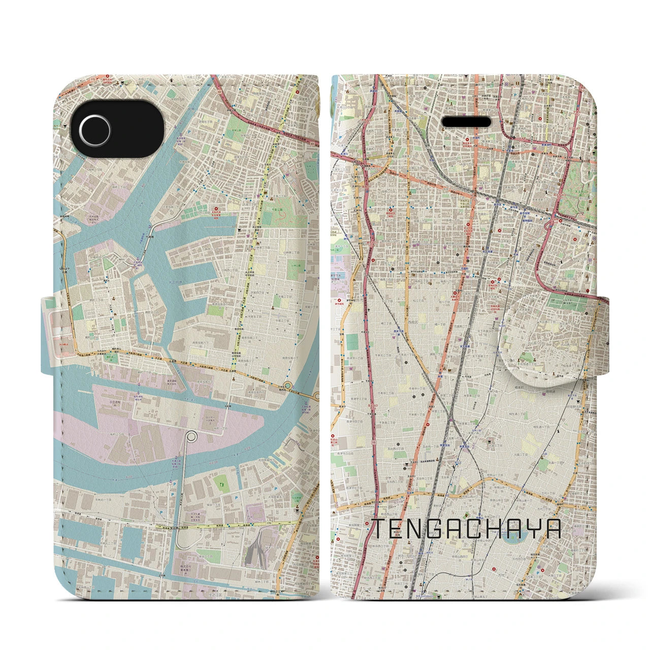 【天下茶屋(大阪府)】地図柄iPhoneケース(手帳タイプ)ナチュラル・iPhone SE(第3 / 第2世代) / 8 / 7 / 6s / 6 用