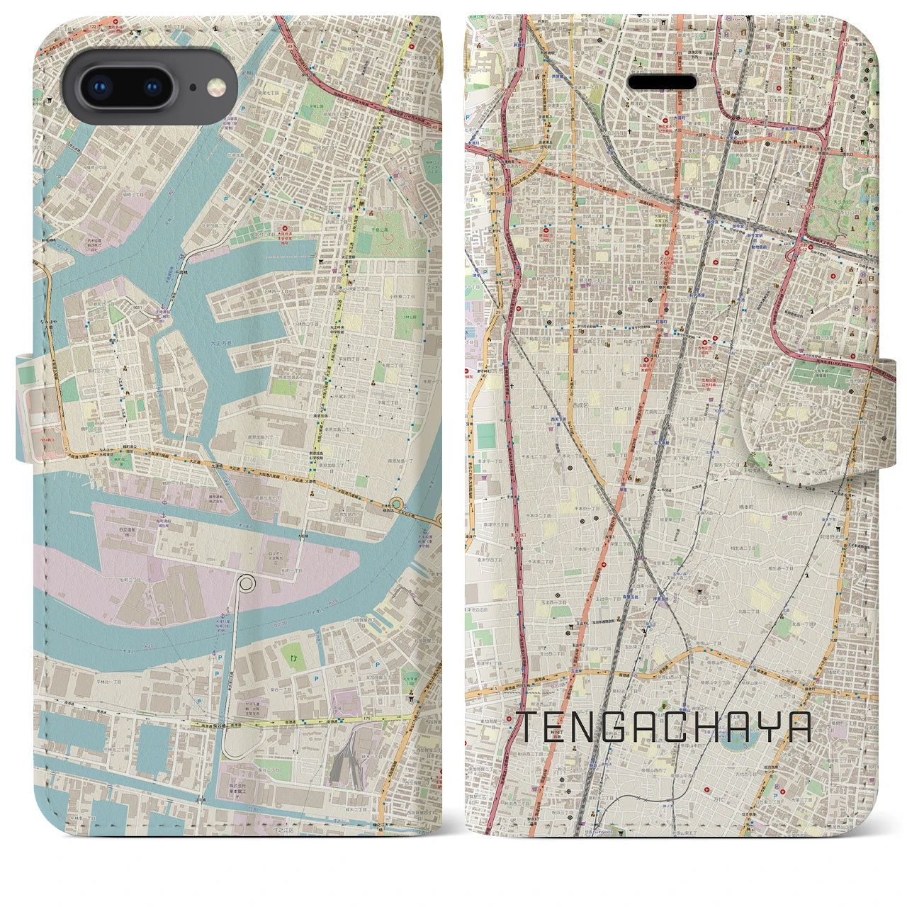 【天下茶屋(大阪府)】地図柄iPhoneケース(手帳タイプ)ナチュラル・iPhone 8Plus /7Plus / 6sPlus / 6Plus 用