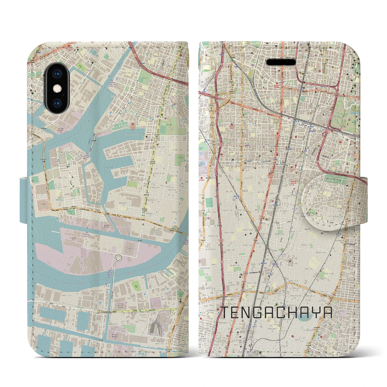 【天下茶屋(大阪府)】地図柄iPhoneケース(手帳タイプ)ナチュラル・iPhone XS / X 用