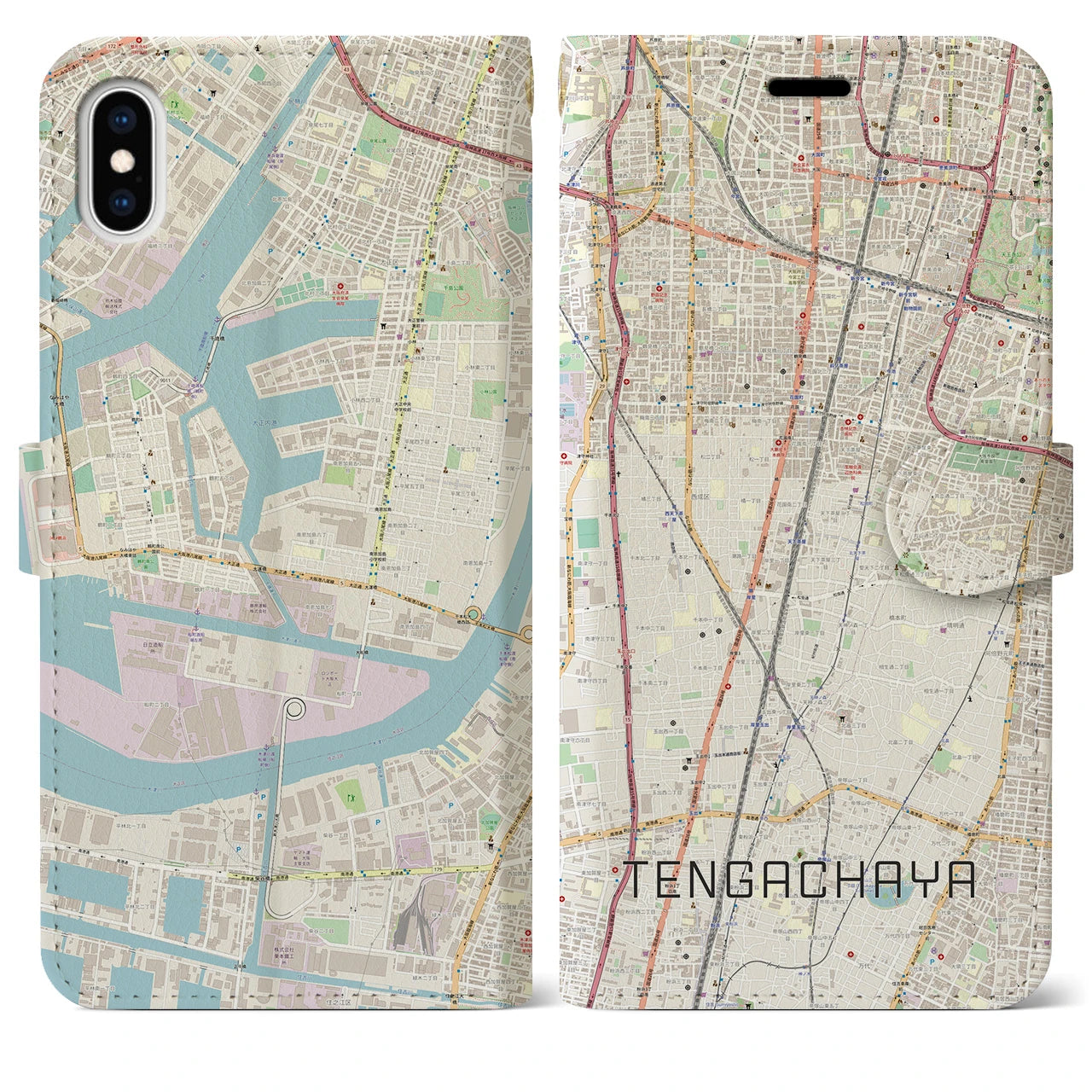 【天下茶屋(大阪府)】地図柄iPhoneケース(手帳タイプ)ナチュラル・iPhone XS Max 用