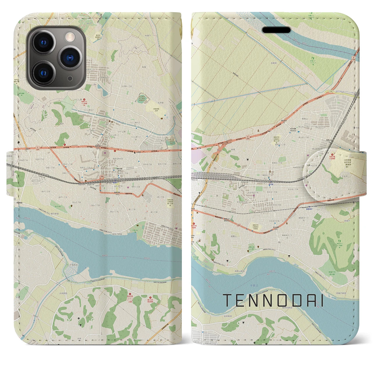 【天王台(千葉県)】地図柄iPhoneケース(手帳タイプ)ナチュラル・iPhone 11 Pro Max 用