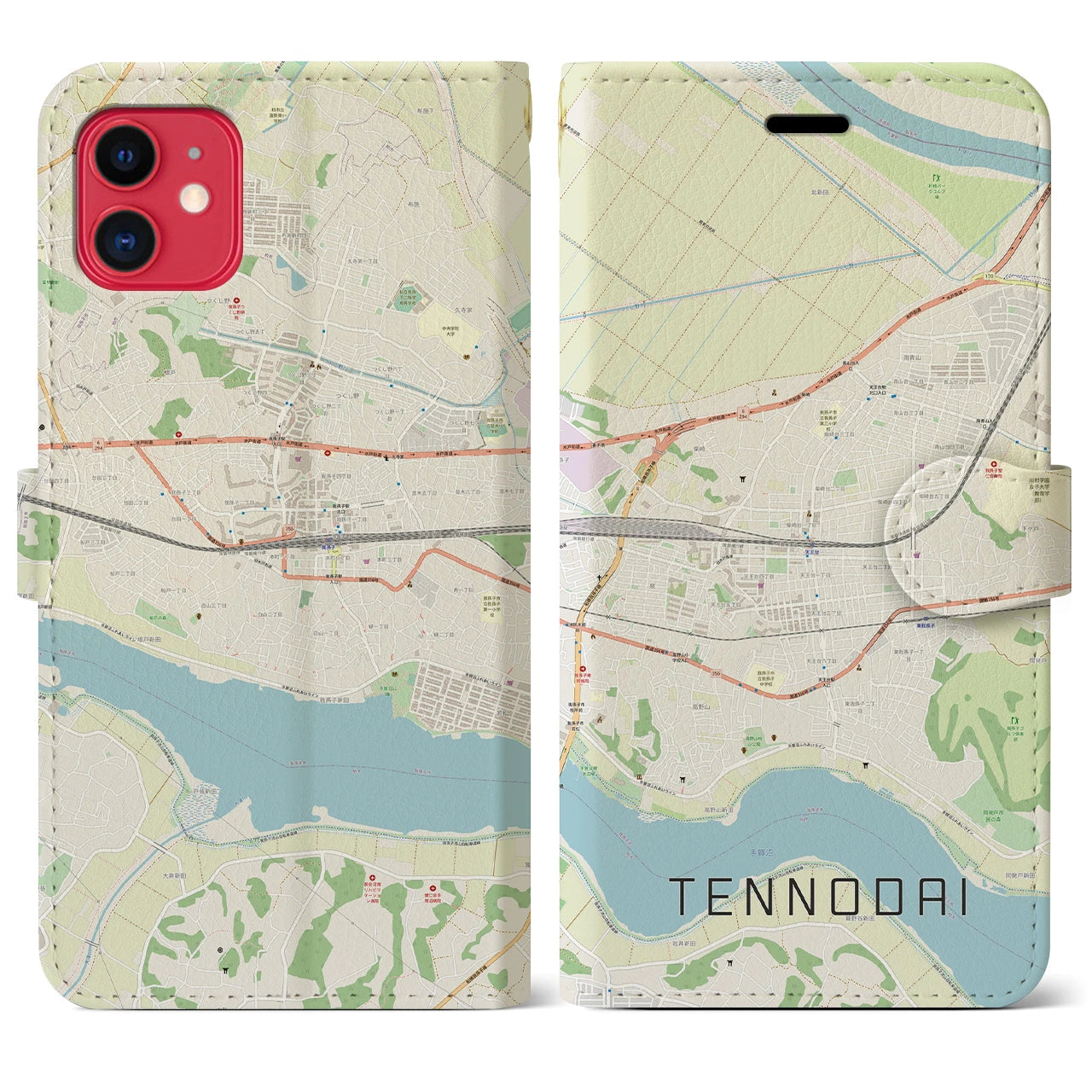 【天王台(千葉県)】地図柄iPhoneケース(手帳タイプ)ナチュラル・iPhone 11 用