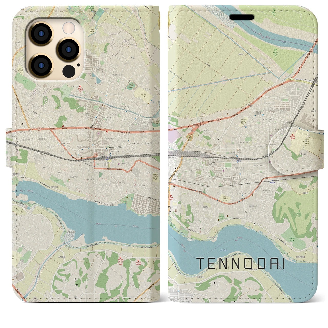 【天王台(千葉県)】地図柄iPhoneケース(手帳タイプ)ナチュラル・iPhone 12 Pro Max 用