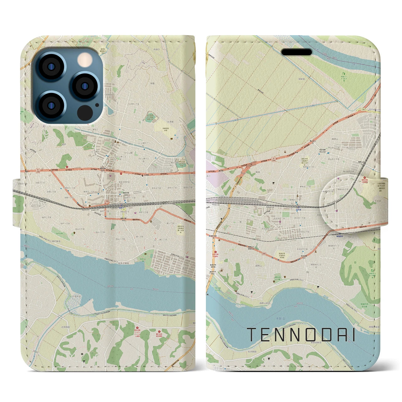 【天王台(千葉県)】地図柄iPhoneケース(手帳タイプ)ナチュラル・iPhone 12 / 12 Pro 用