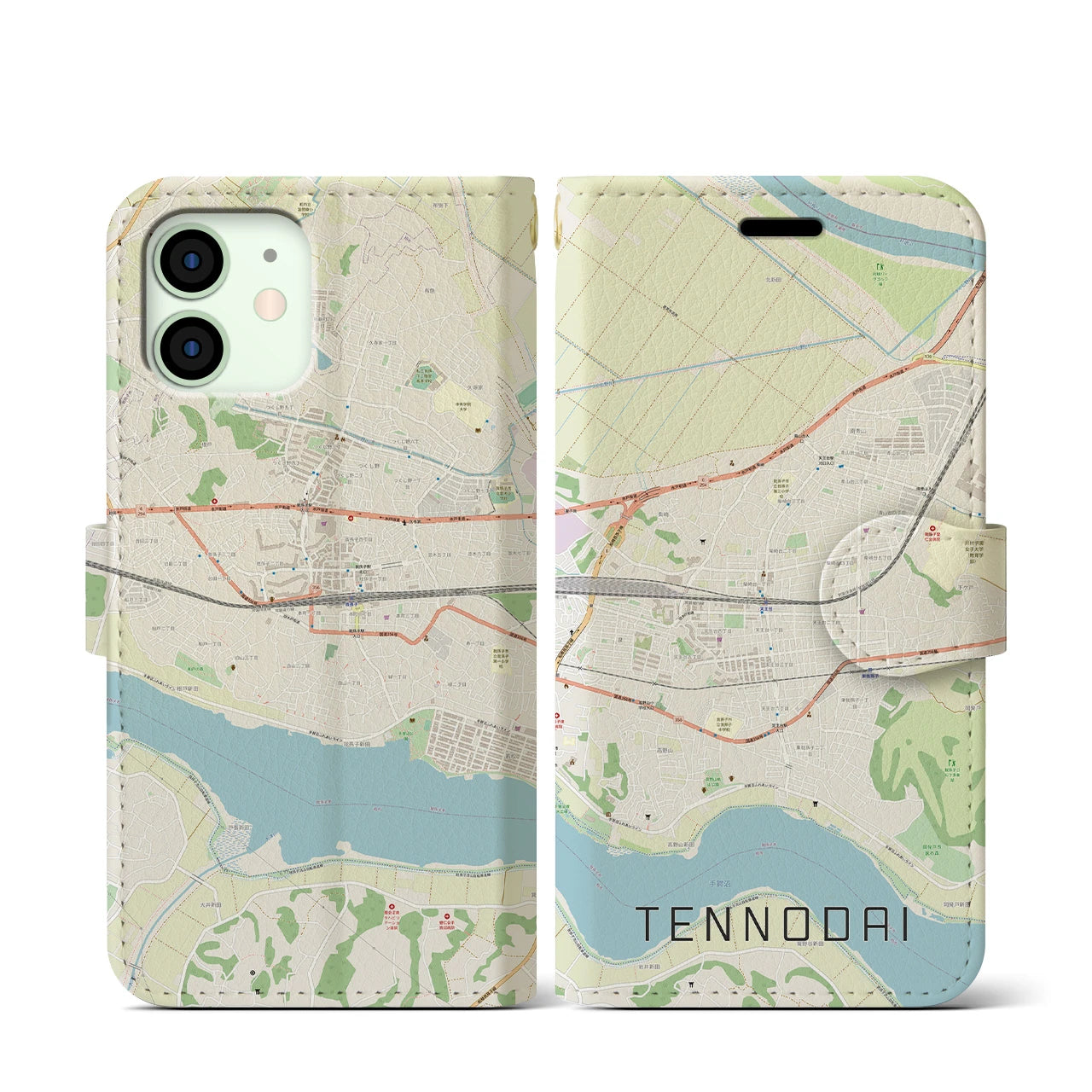 【天王台(千葉県)】地図柄iPhoneケース(手帳タイプ)ナチュラル・iPhone 12 mini 用
