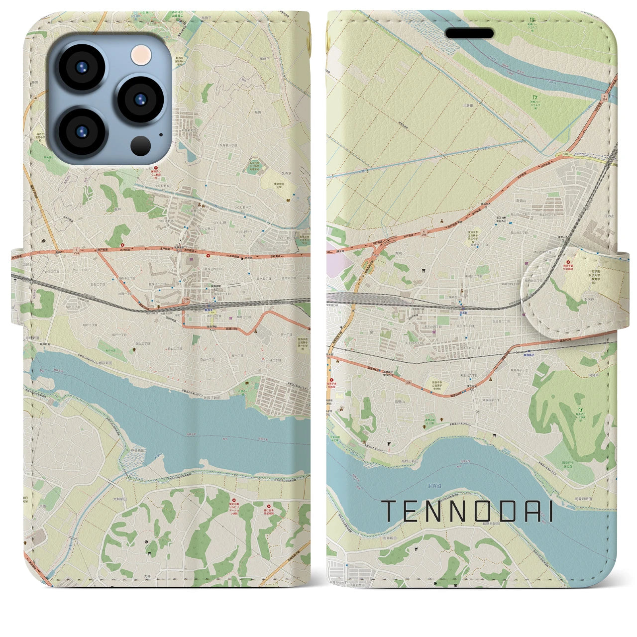 【天王台(千葉県)】地図柄iPhoneケース(手帳タイプ)ナチュラル・iPhone 13 Pro Max 用