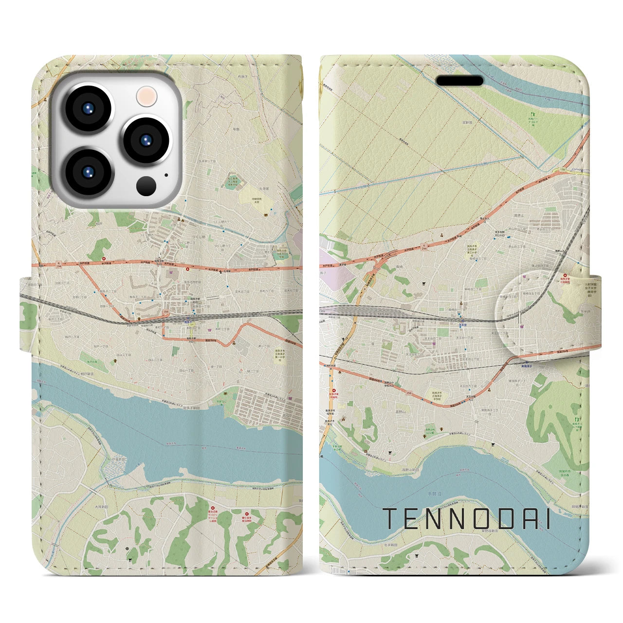 【天王台(千葉県)】地図柄iPhoneケース(手帳タイプ)ナチュラル・iPhone 13 Pro 用