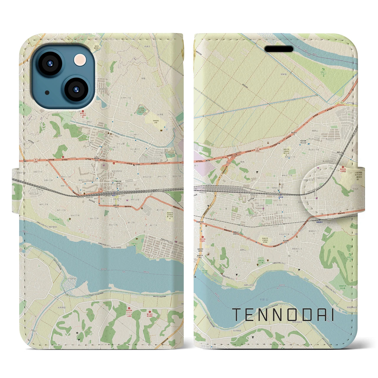 【天王台(千葉県)】地図柄iPhoneケース(手帳タイプ)ナチュラル・iPhone 13 用