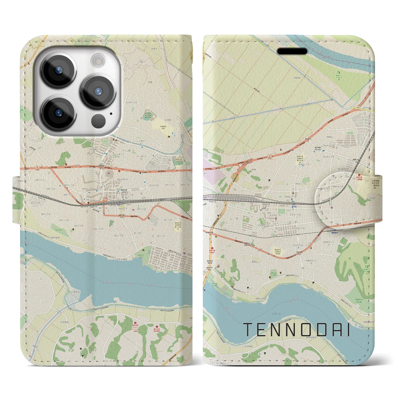 【天王台(千葉県)】地図柄iPhoneケース(手帳タイプ)ナチュラル・iPhone 14 Pro 用