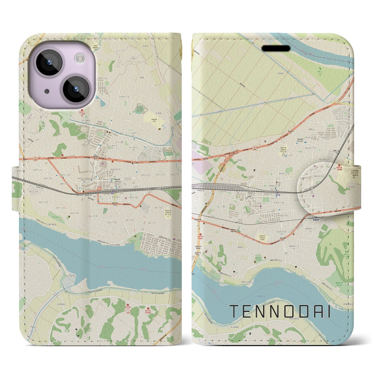 【天王台(千葉県)】地図柄iPhoneケース(手帳タイプ)ナチュラル・iPhone 14 用