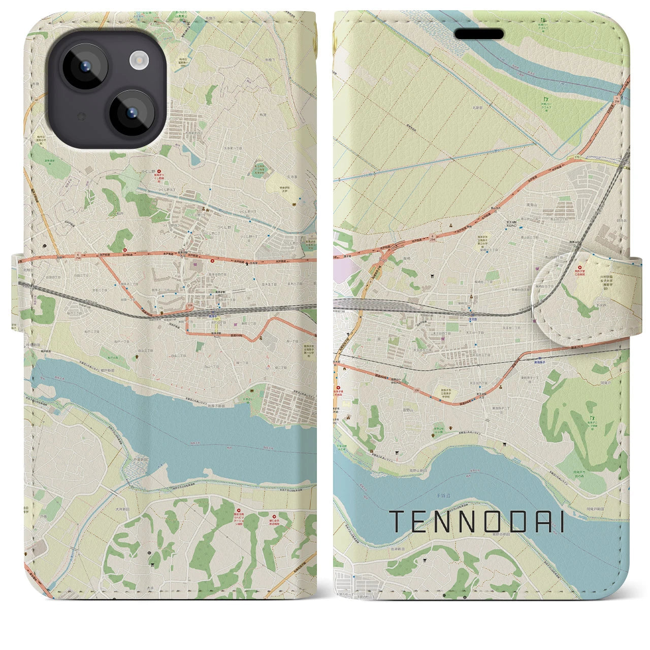 【天王台(千葉県)】地図柄iPhoneケース(手帳タイプ)ナチュラル・iPhone 14 Plus 用