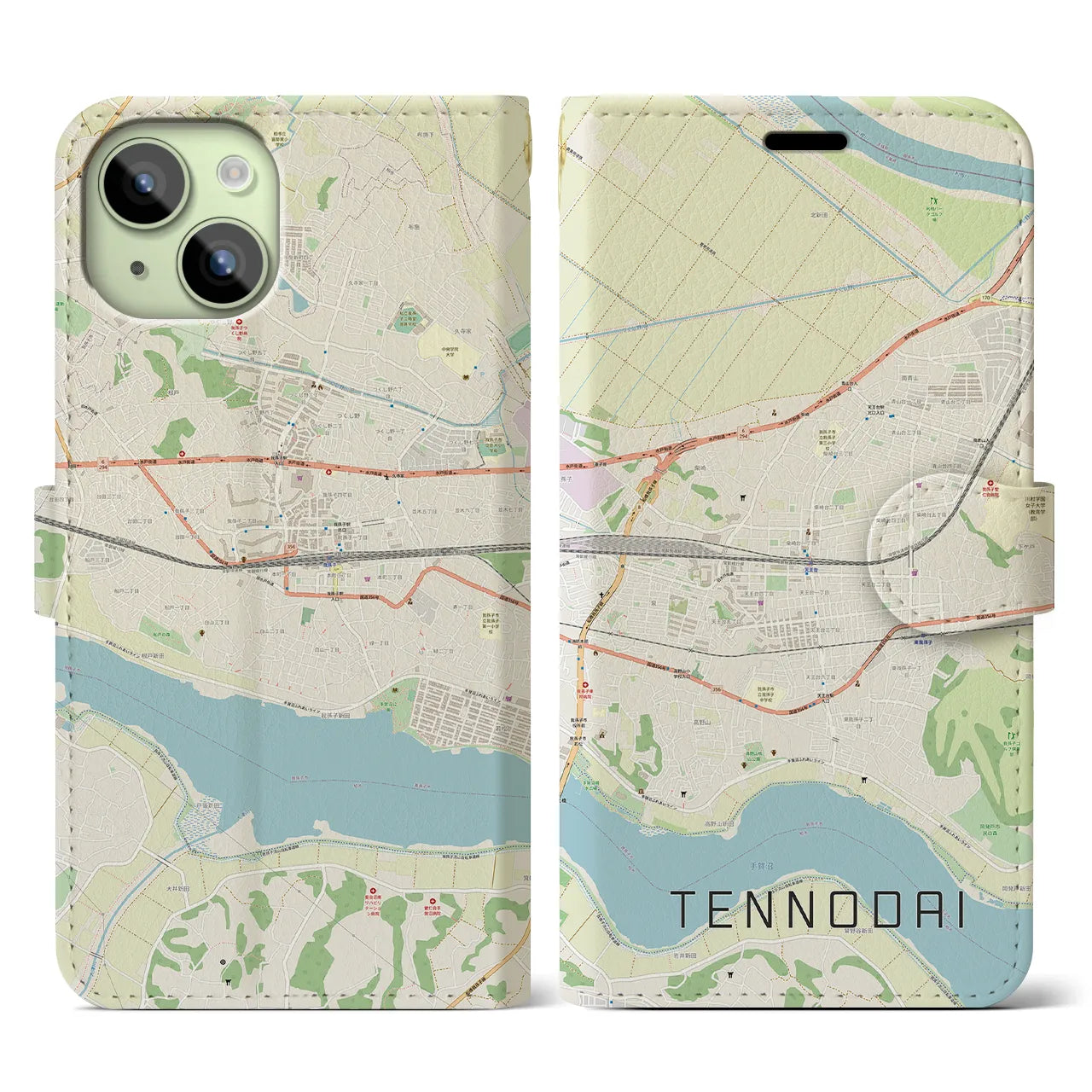 【天王台(千葉県)】地図柄iPhoneケース(手帳タイプ)ナチュラル・iPhone 15 用