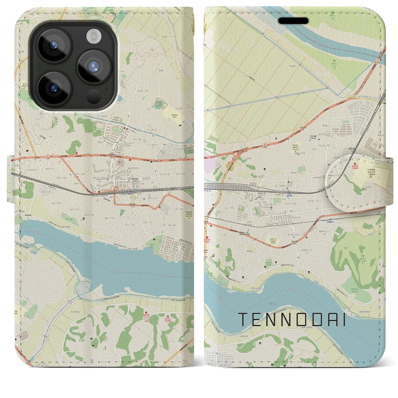 【天王台(千葉県)】地図柄iPhoneケース(手帳タイプ)ナチュラル・iPhone 15 Pro Max 用