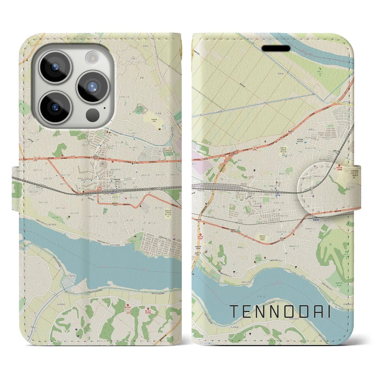 【天王台(千葉県)】地図柄iPhoneケース(手帳タイプ)ナチュラル・iPhone 15 Pro 用