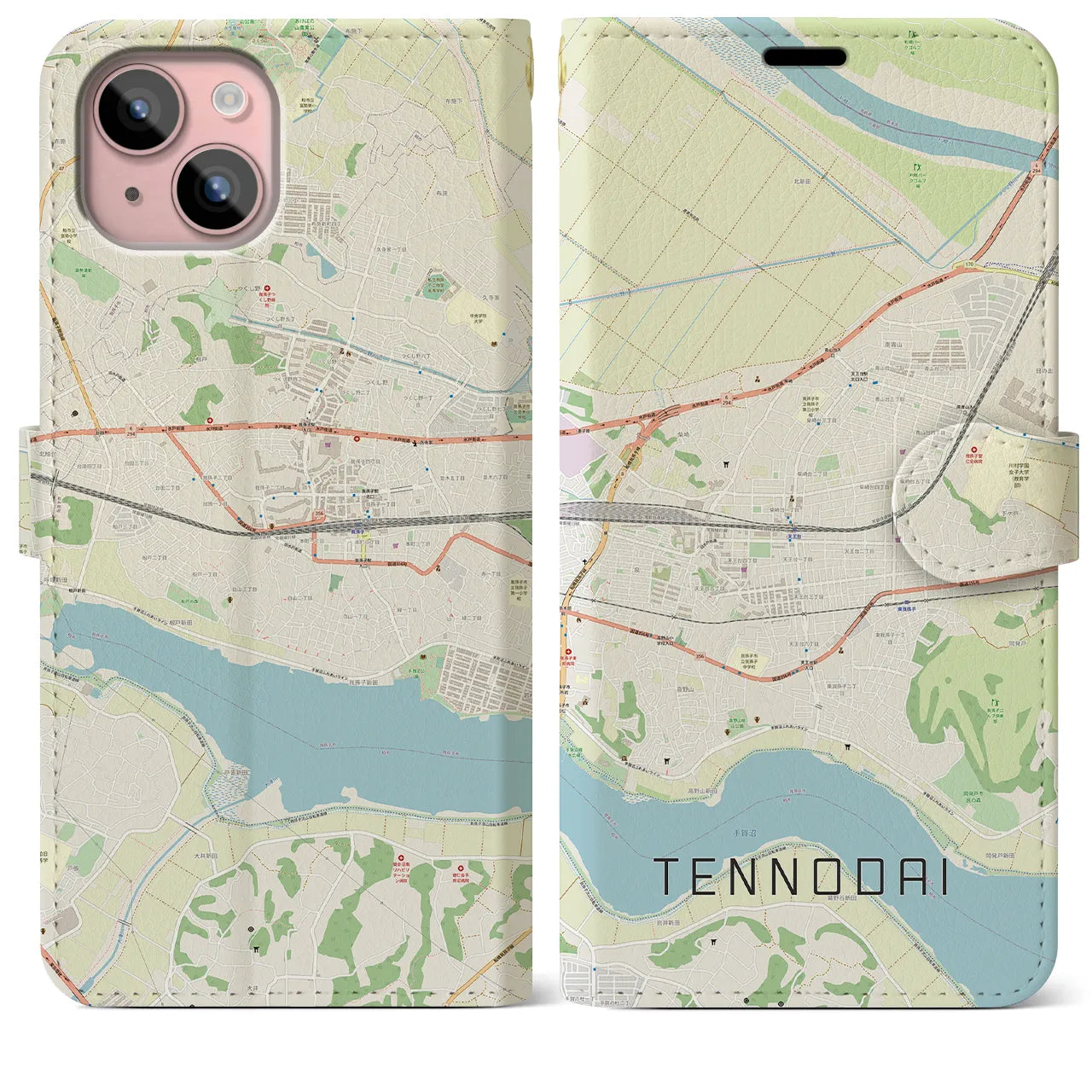 【天王台(千葉県)】地図柄iPhoneケース(手帳タイプ)ナチュラル・iPhone 15 Plus 用