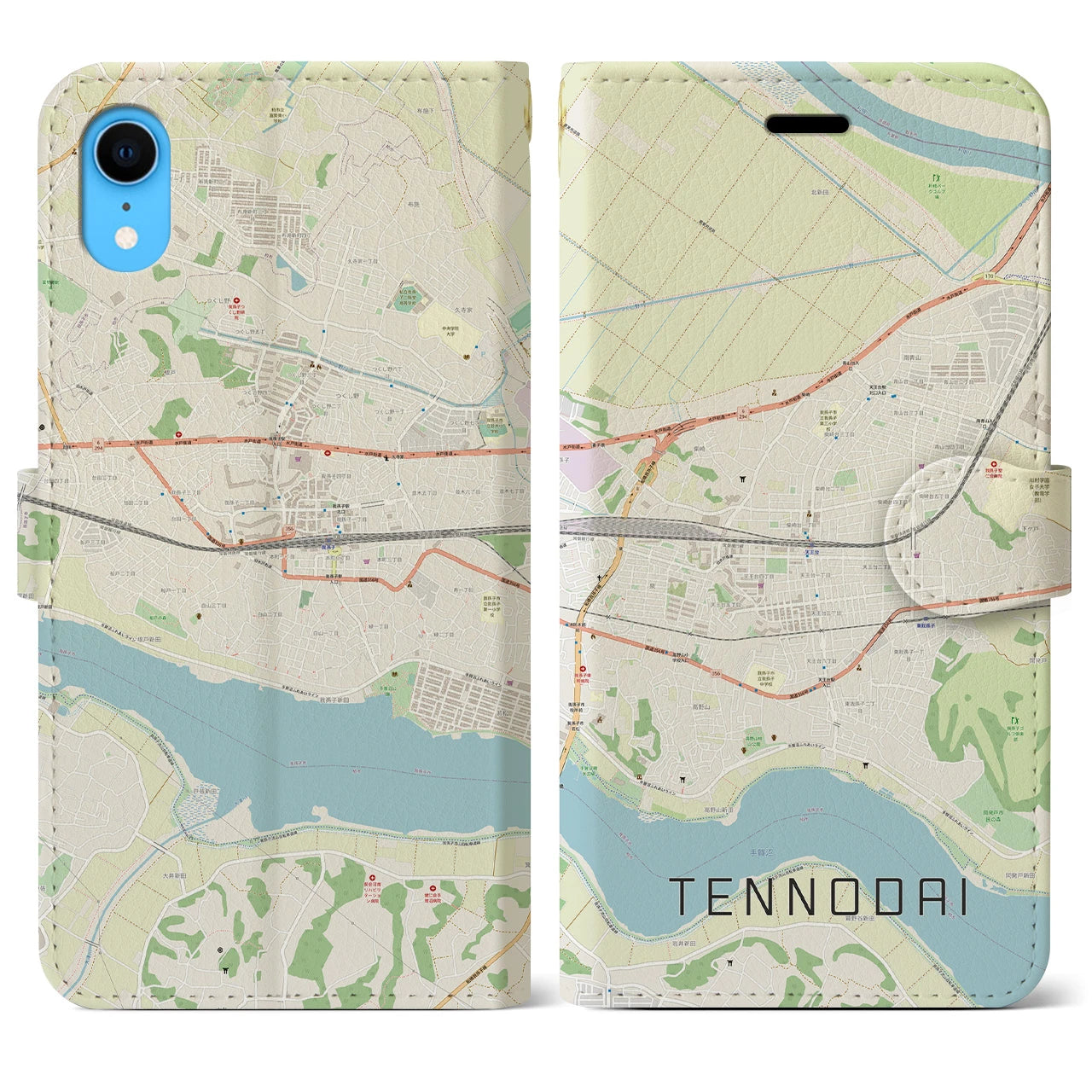 【天王台(千葉県)】地図柄iPhoneケース(手帳タイプ)ナチュラル・iPhone XR 用