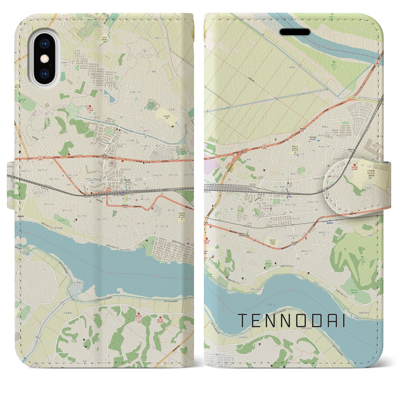 【天王台(千葉県)】地図柄iPhoneケース(手帳タイプ)ナチュラル・iPhone XS Max 用