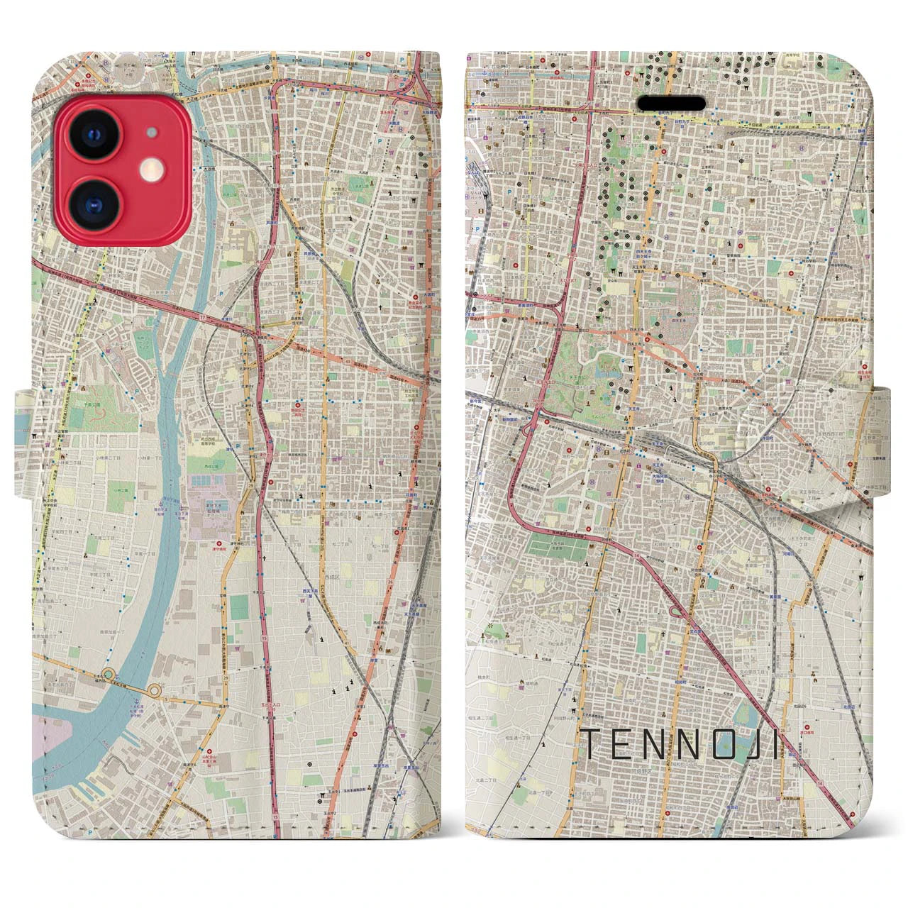 【天王寺(大阪府)】地図柄iPhoneケース(手帳タイプ)ナチュラル・iPhone 11 Pro 用
