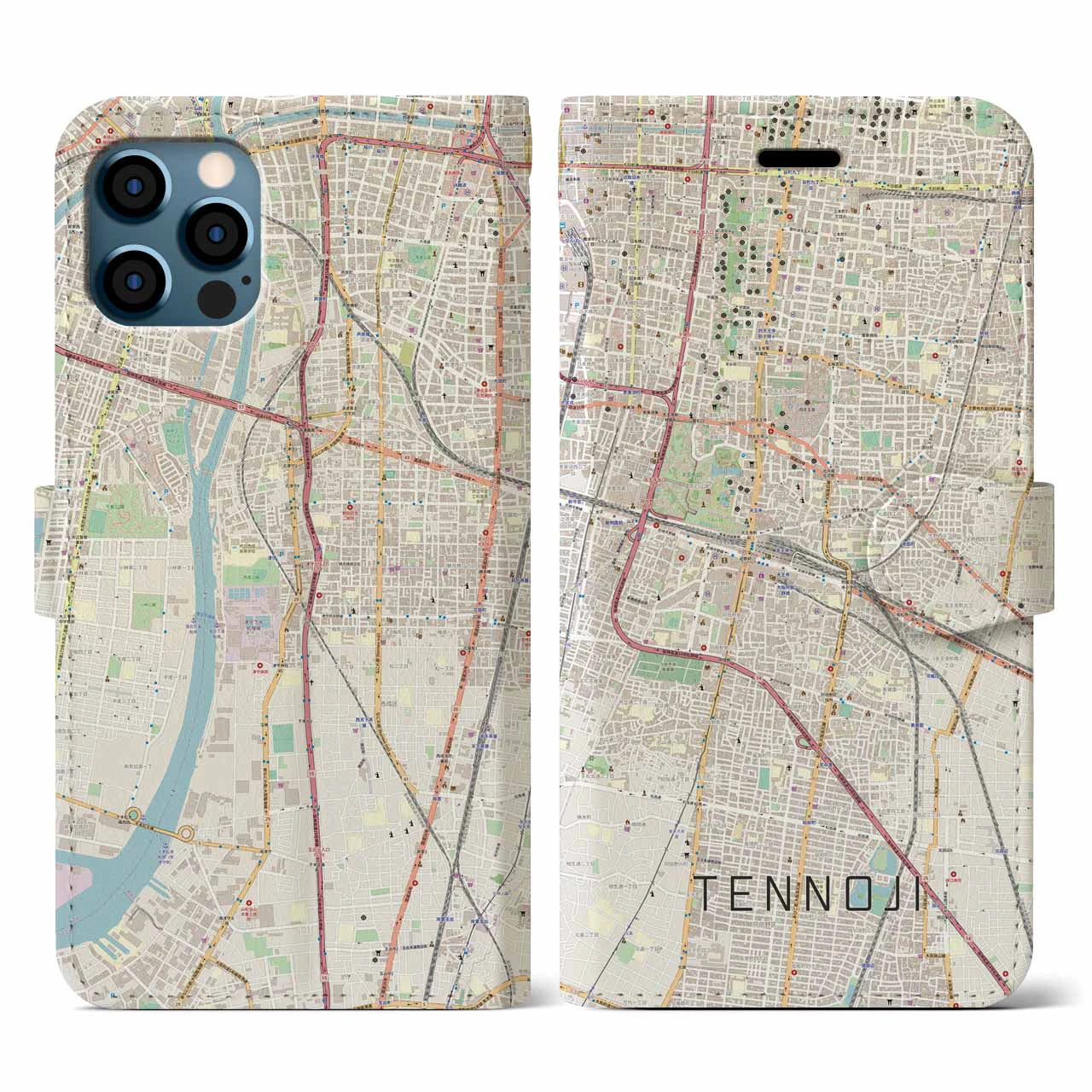 【天王寺(大阪府)】地図柄iPhoneケース(手帳タイプ)ナチュラル・iPhone 12 Pro Max 用