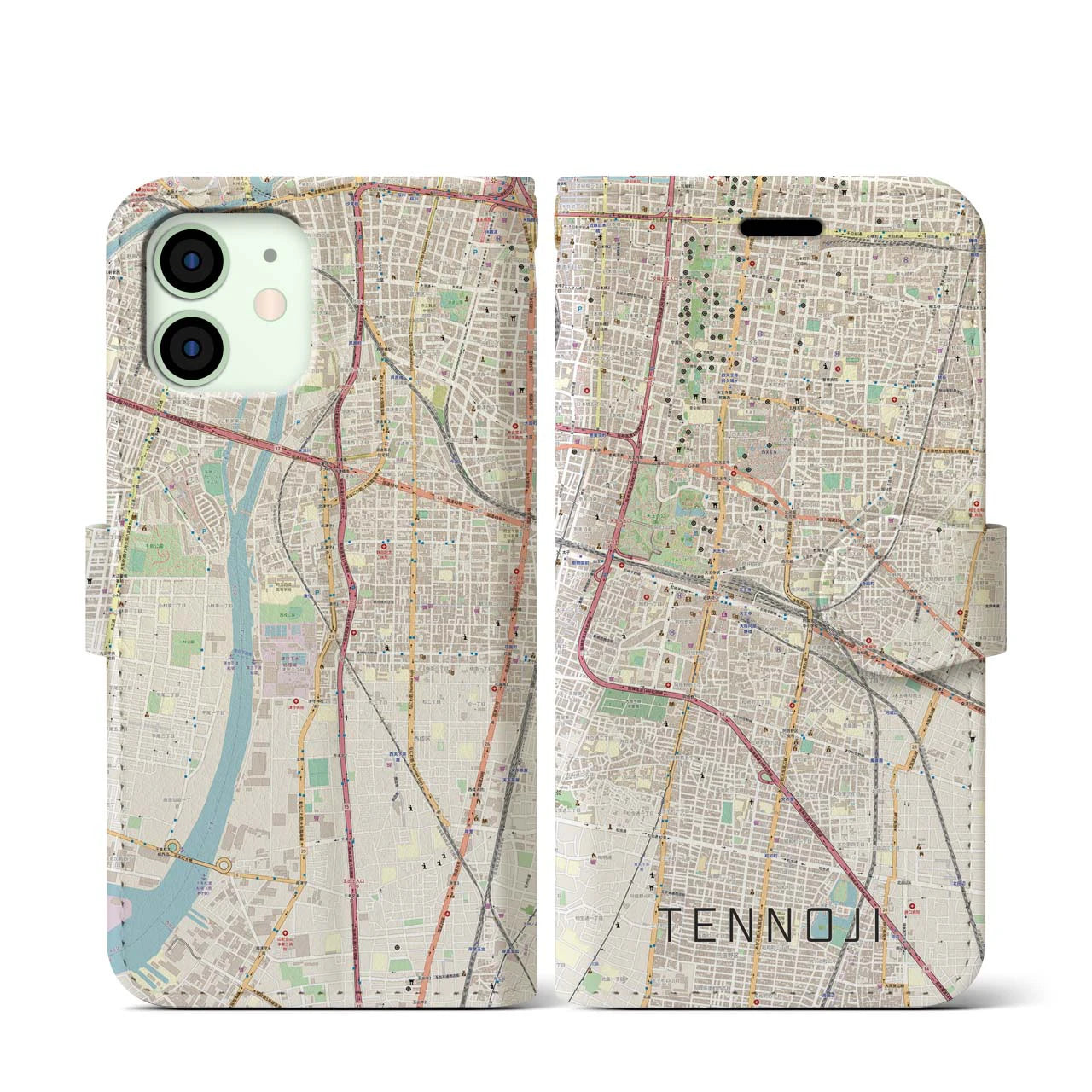【天王寺(大阪府)】地図柄iPhoneケース(手帳タイプ)ナチュラル・iPhone 12 / 12 Pro 用