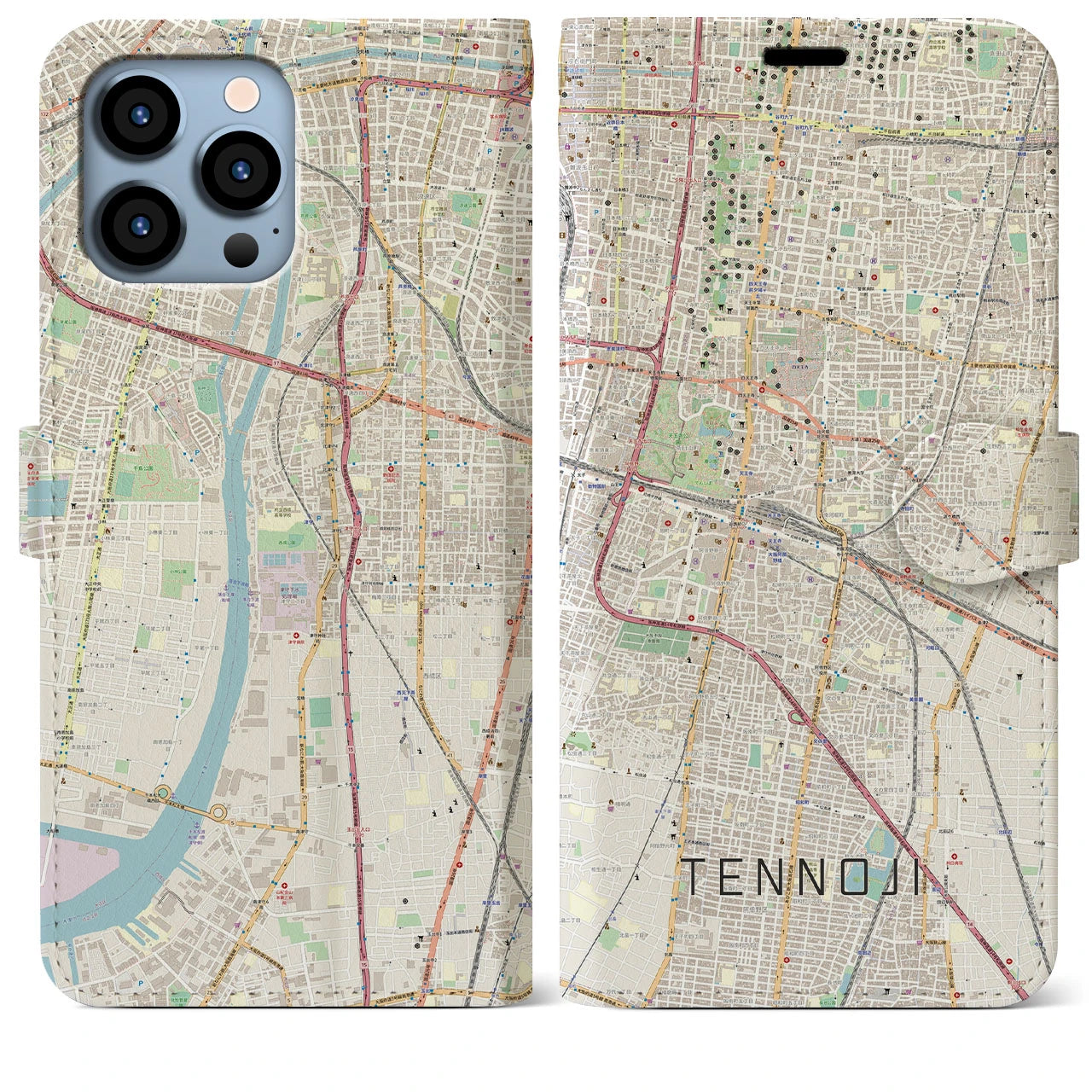 【天王寺(大阪府)】地図柄iPhoneケース(手帳タイプ)ナチュラル・iPhone 14 用