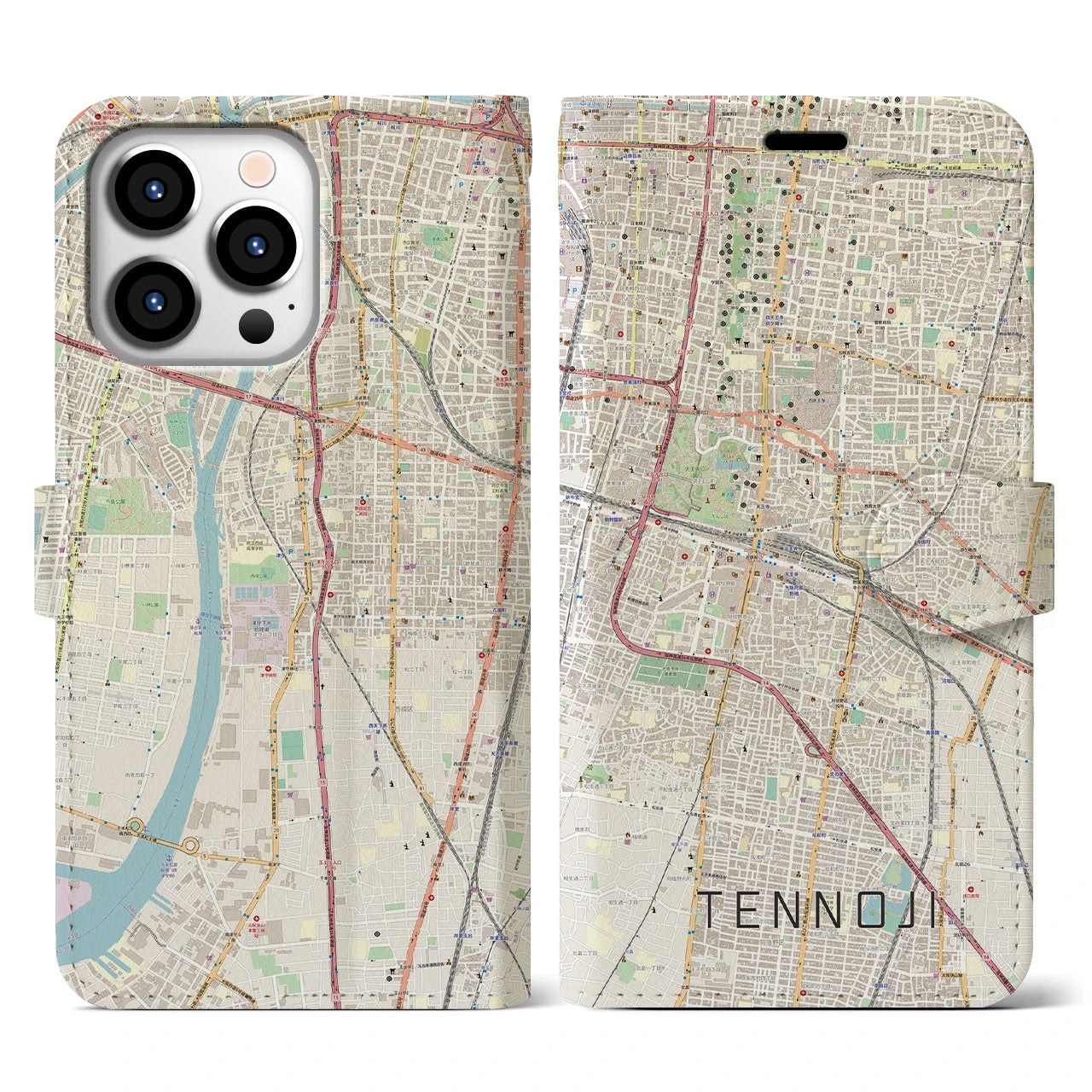 【天王寺(大阪府)】地図柄iPhoneケース(手帳タイプ)ナチュラル・iPhone 13 Pro Max 用