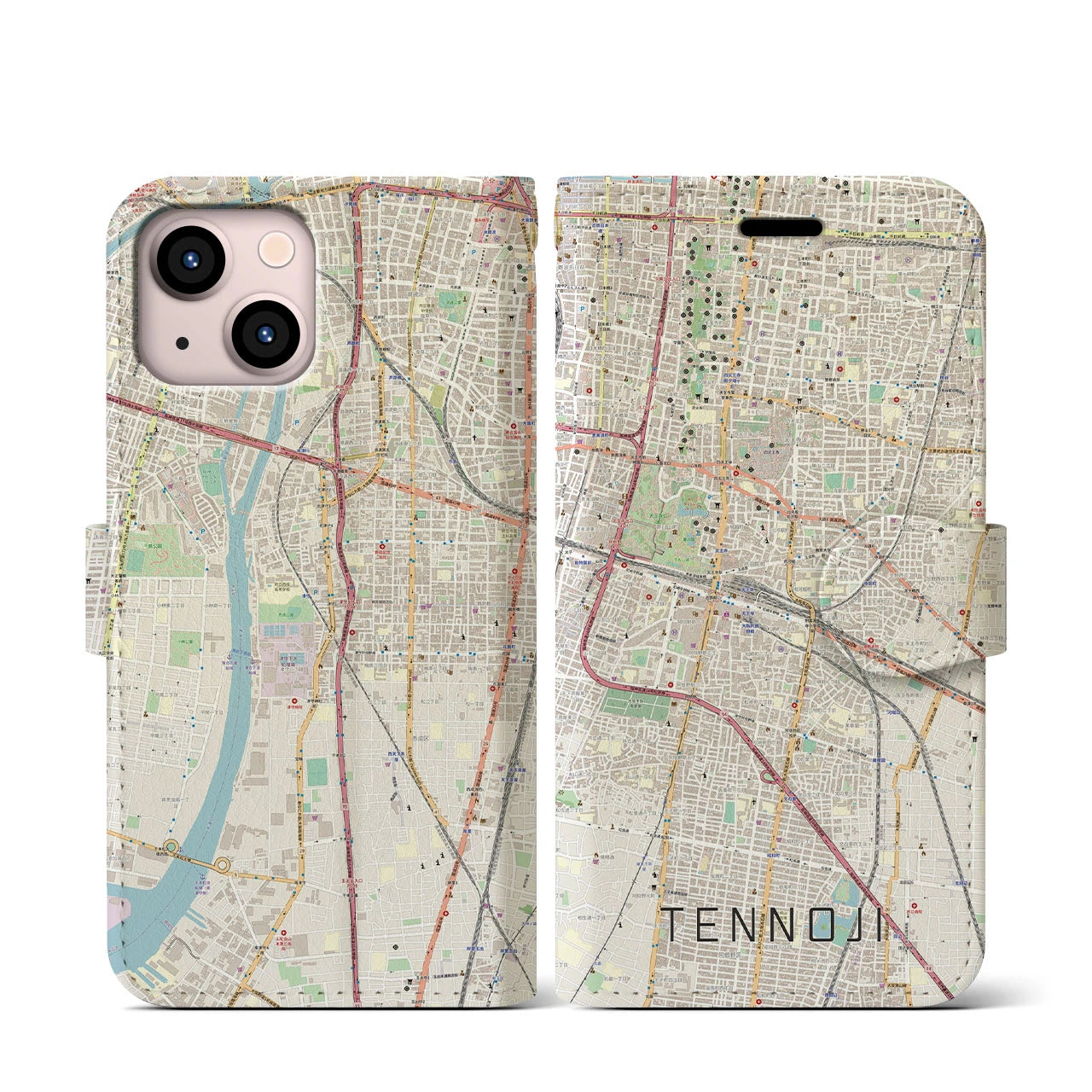 【天王寺(大阪府)】地図柄iPhoneケース(手帳タイプ)ナチュラル・iPhone 13 用
