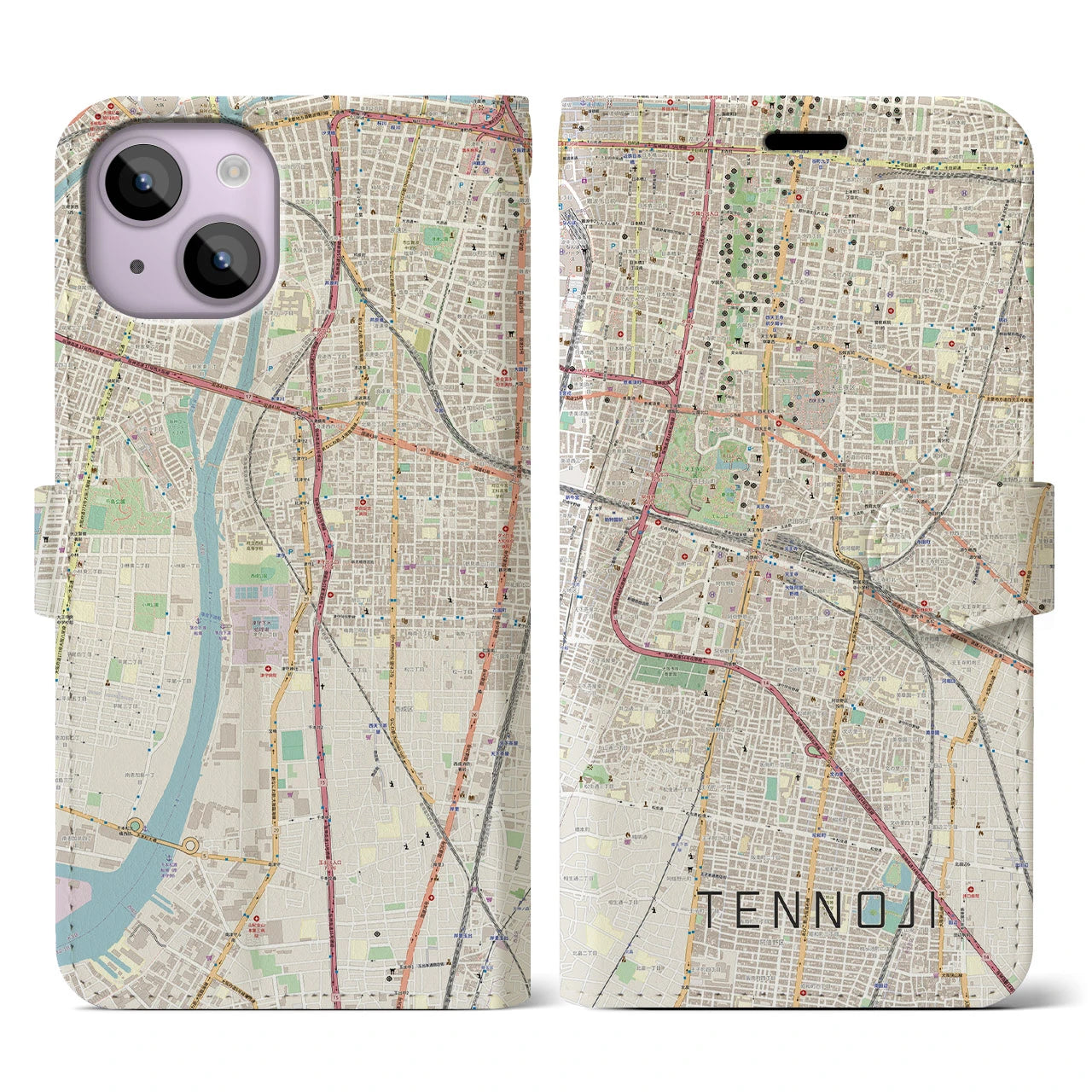 【天王寺(大阪府)】地図柄iPhoneケース(手帳タイプ)ナチュラル・iPhone 14 Plus 用