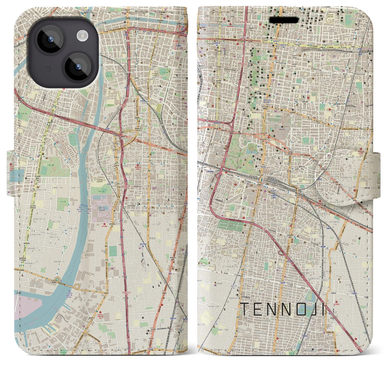 【天王寺(大阪府)】地図柄iPhoneケース(手帳タイプ)ナチュラル・iPhone 14 Pro 用