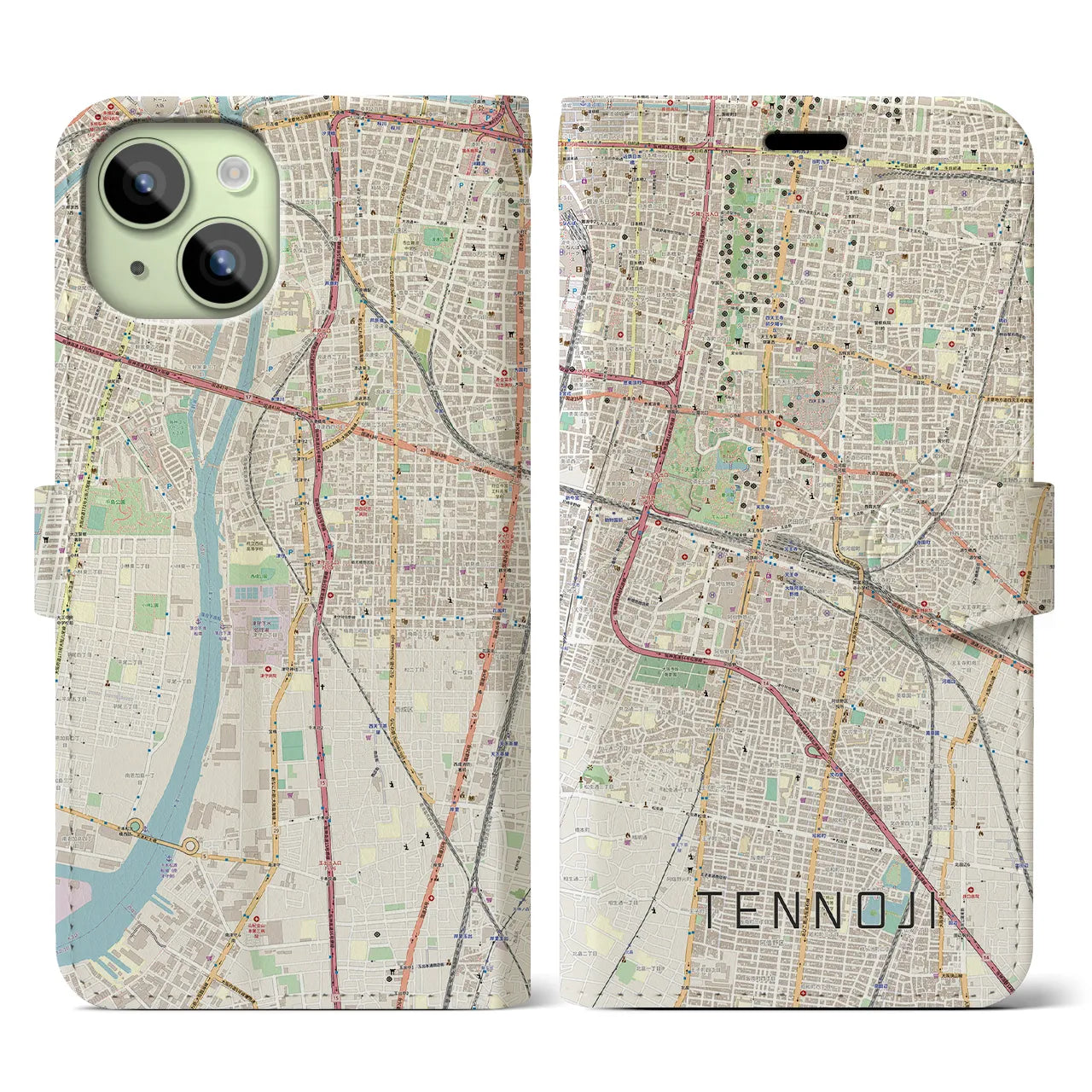 【天王寺(大阪府)】地図柄iPhoneケース(手帳タイプ)ナチュラル・iPhone 15 用