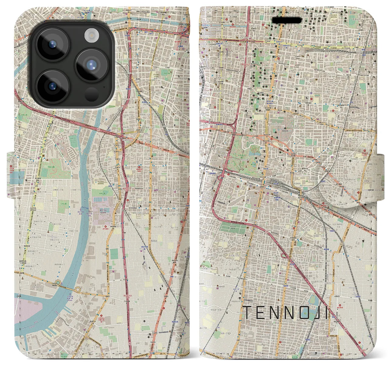 【天王寺(大阪府)】地図柄iPhoneケース(手帳タイプ)ナチュラル・iPhone 15 Pro Max 用