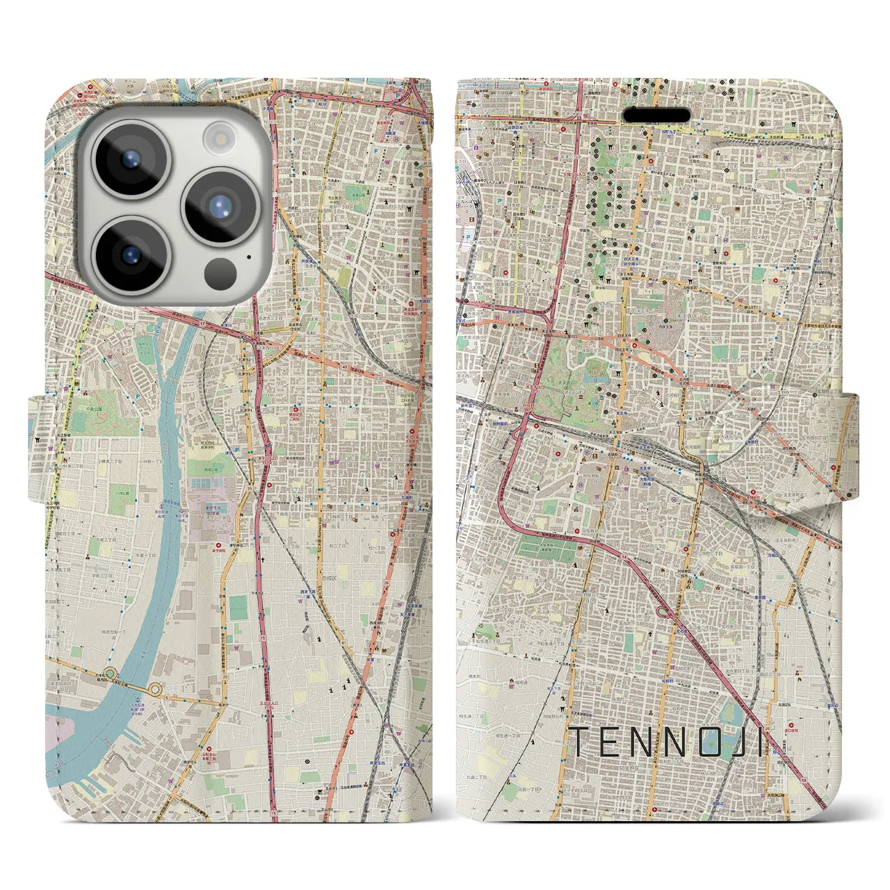 【天王寺(大阪府)】地図柄iPhoneケース(手帳タイプ)ナチュラル・iPhone 15 Pro 用