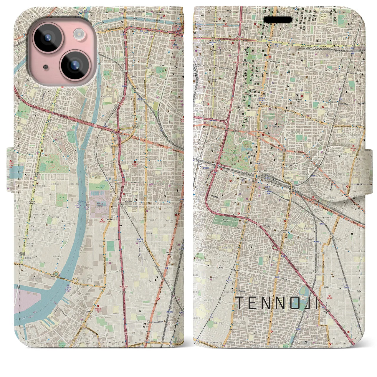 【天王寺(大阪府)】地図柄iPhoneケース(手帳タイプ)ナチュラル・iPhone 15 Plus 用