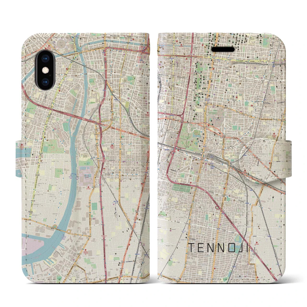 【天王寺(大阪府)】地図柄iPhoneケース(手帳タイプ)ナチュラル・iPhone XS Max 用