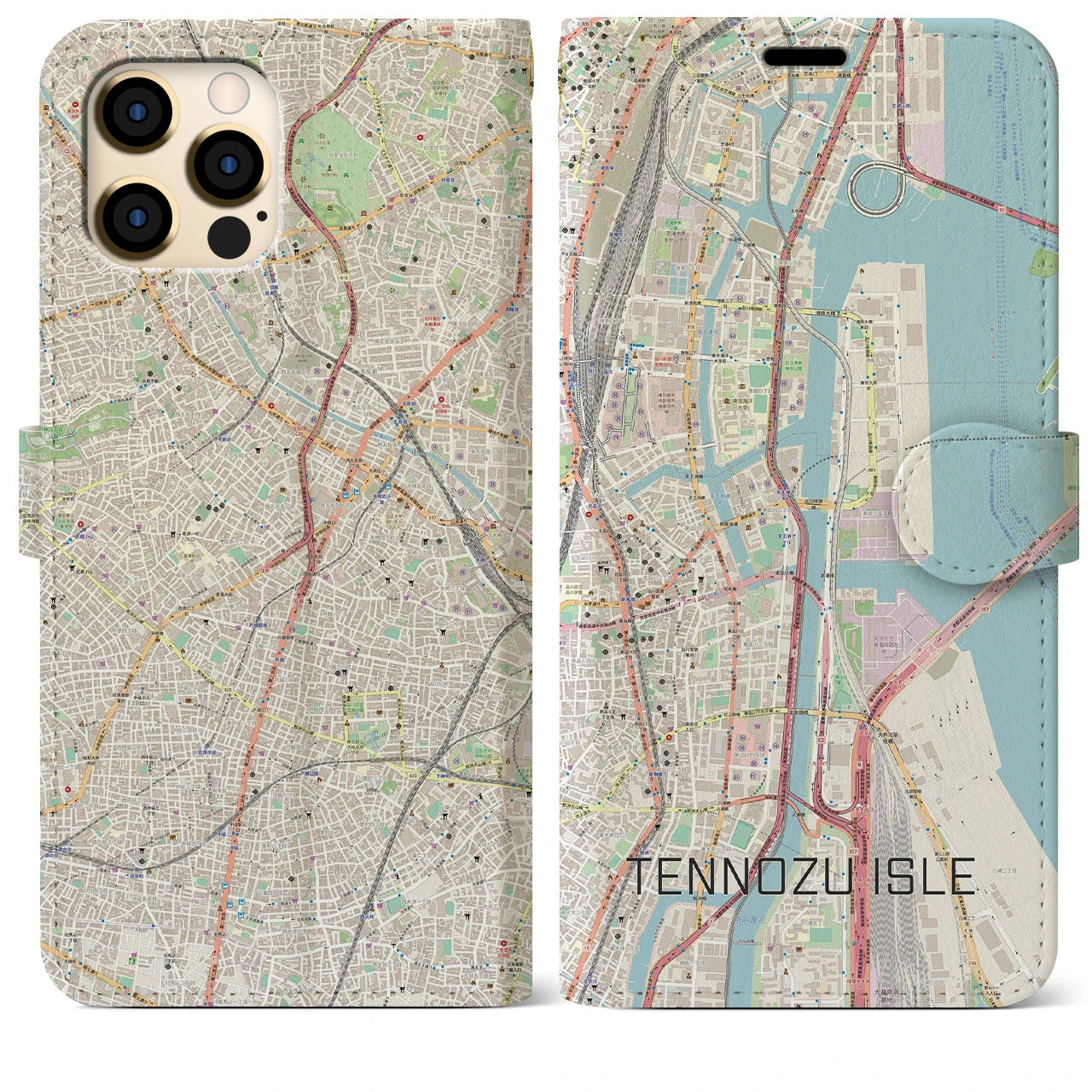 【天王洲アイル(東京都)】地図柄iPhoneケース(手帳タイプ)ナチュラル・iPhone 12 Pro Max 用