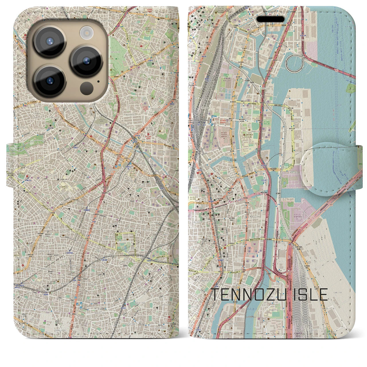 【天王洲アイル(東京都)】地図柄iPhoneケース(手帳タイプ)ナチュラル・iPhone 14 Pro Max 用