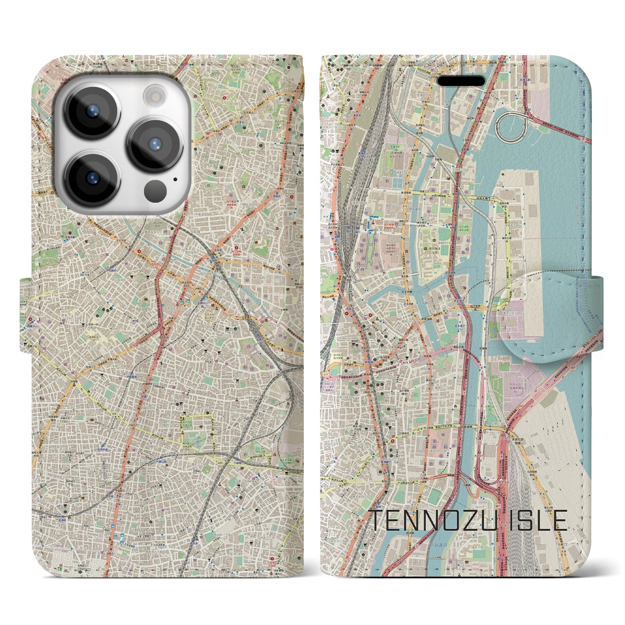 【天王洲アイル(東京都)】地図柄iPhoneケース(手帳タイプ)ナチュラル・iPhone 14 Pro 用