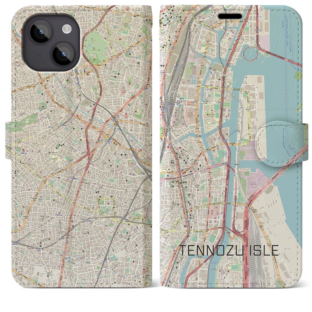 【天王洲アイル(東京都)】地図柄iPhoneケース(手帳タイプ)ナチュラル・iPhone 14 Plus 用