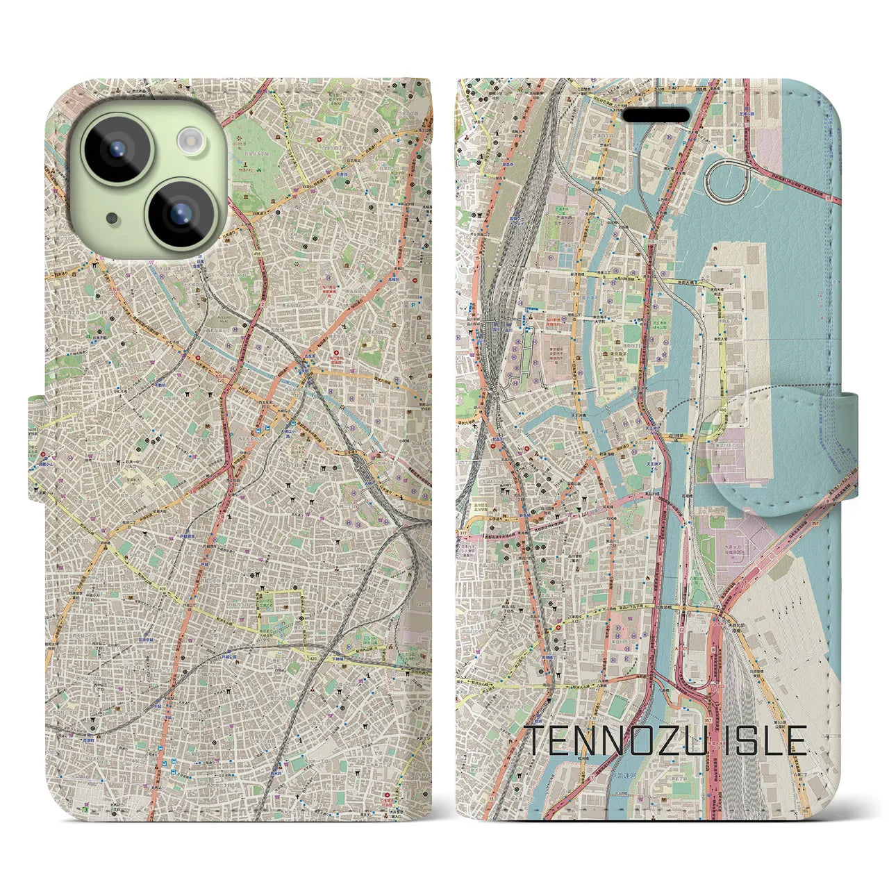 【天王洲アイル(東京都)】地図柄iPhoneケース(手帳タイプ)ナチュラル・iPhone 15 用
